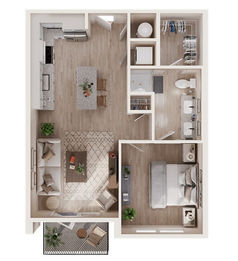 Floor plan for 1 bed, 1 bath, 642 sqft